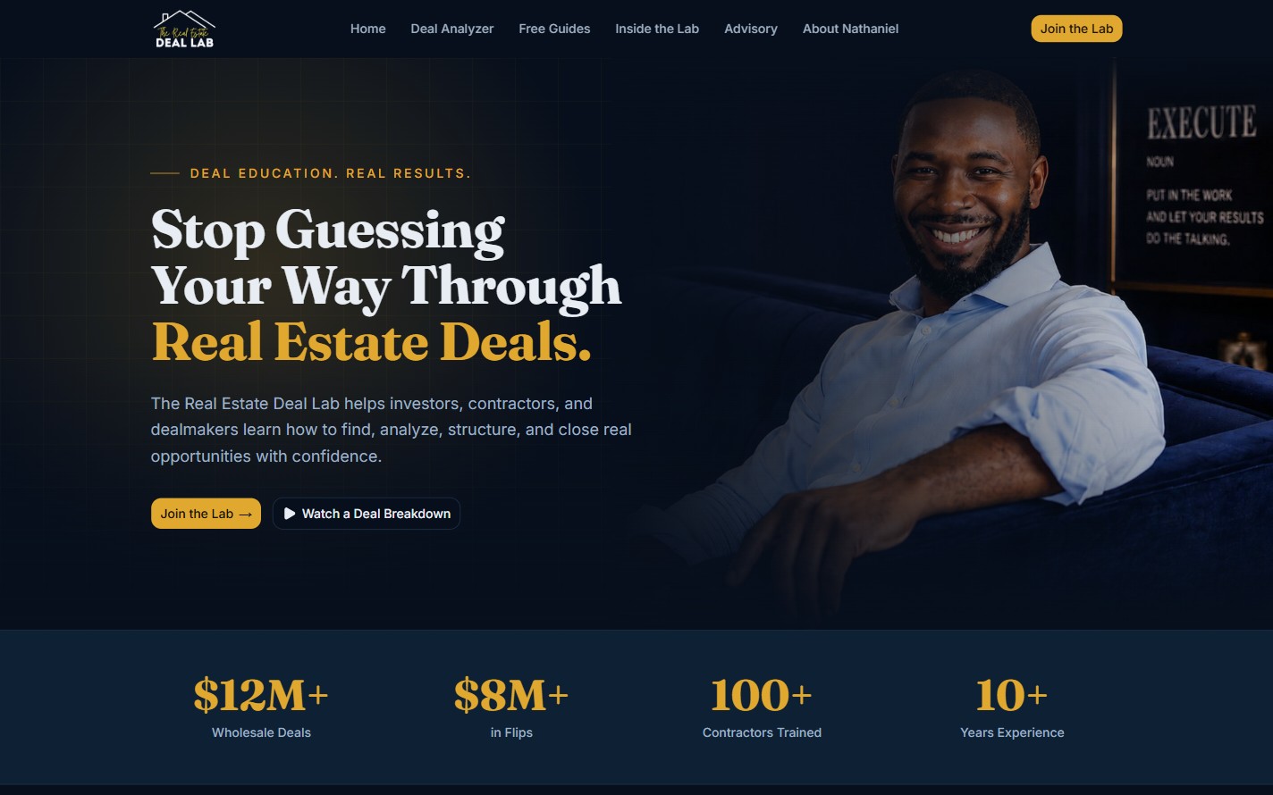The Real Estate Deal Lab homepage, showing its real estate education headline and founder portrait
