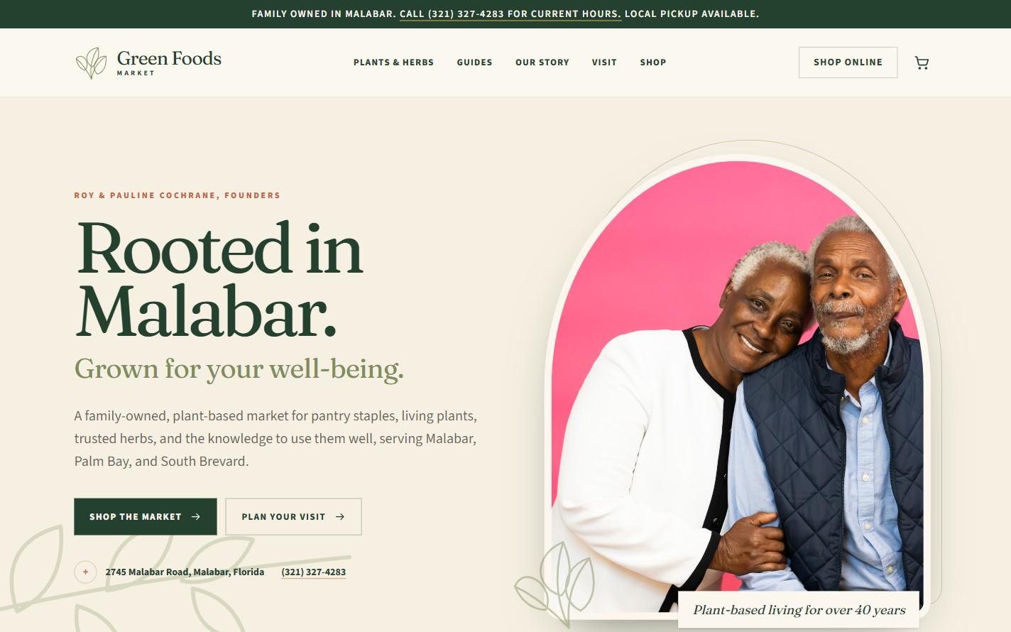 The Green Foods Market homepage, featuring Rooted in Malabar and the founders' portrait